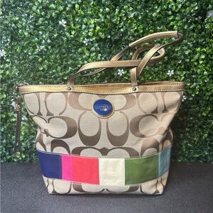 Coach Monogram Canvas Legacy Rainbow Stripe Tote Shoulder Bag
